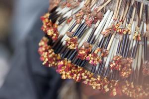 Close-up of the band of porcupine needles bound around the turban of the ritual specialist
