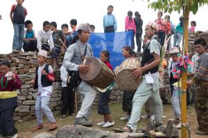 Drummers and dancers during sakela dance at the Tuwachung-Jayajum festival