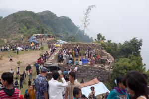 Participants of the Tuwachung-Jayajum festival dancing at the worship place for Toma