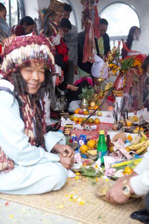 The official ritual specialist or shaman of the Kirat Rai Yayokkha during sakela puja