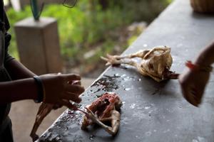 Preparing chicken at Buddha Subbha temple in Dharan