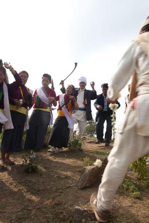 Dancers from Rudalung and Aiselukharka village celebrating the newly installed bhume or sakela goddess at the Tuwachung-Jayajum festival site by dancing sakela sili