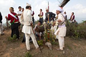 Participants of the bhume ritual to install a new bhume or sakela goddess at the Tuwachung-Jayajum festival site