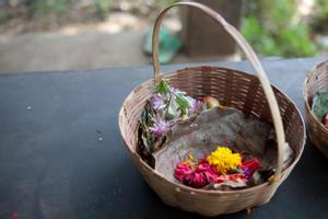 Baskets with flower offerings at Buddha Subbha temple in Dharan